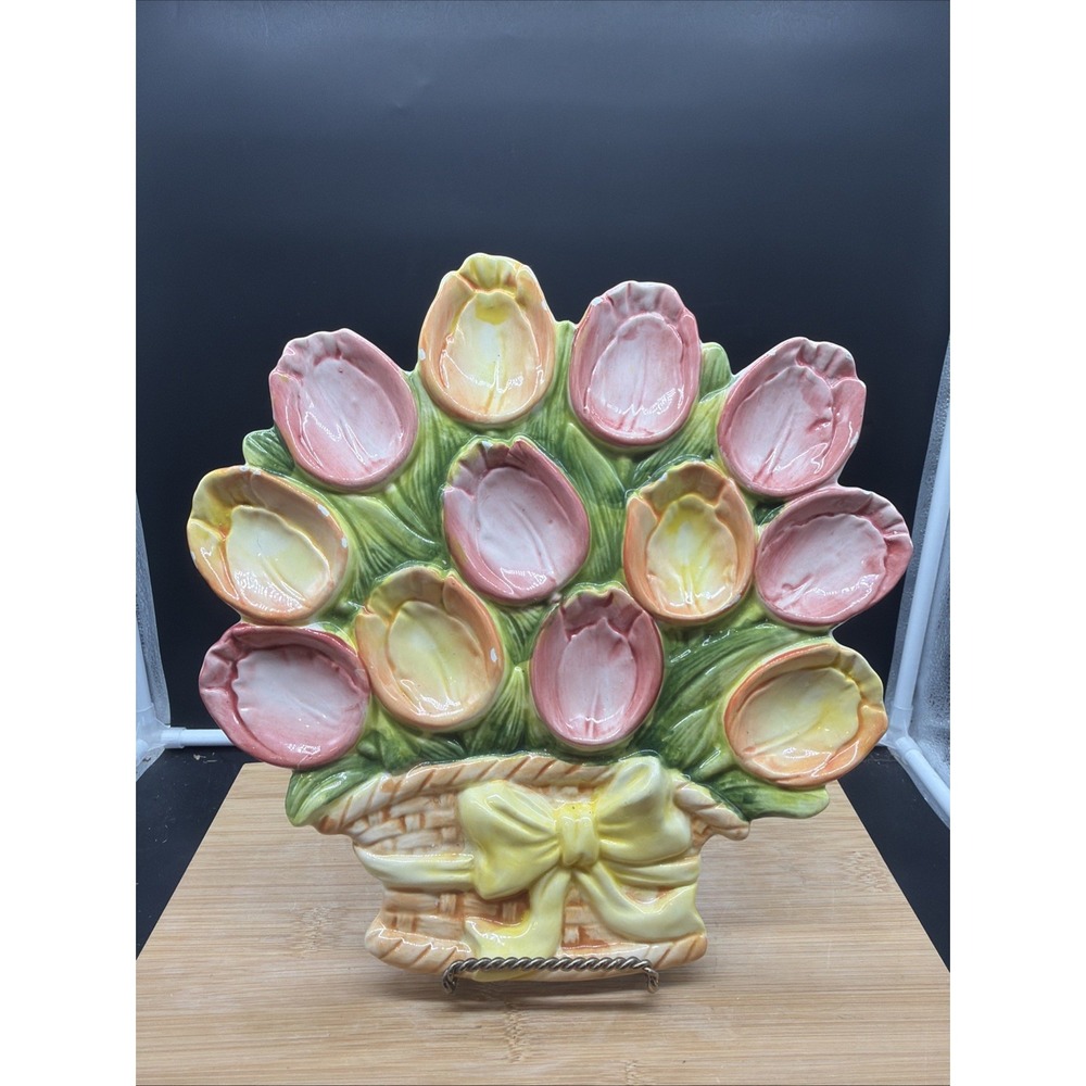 VTG Easter Tulip Egg Platter Pastel Basket Deviled Egg Plate